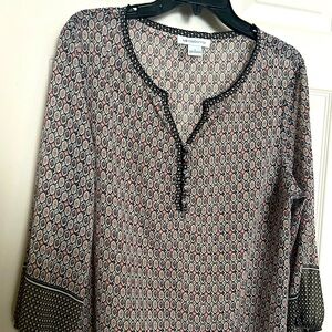 Liz Claiborne Women’s Floral V-Neck 3/4 Sleeve Button Sheer Large